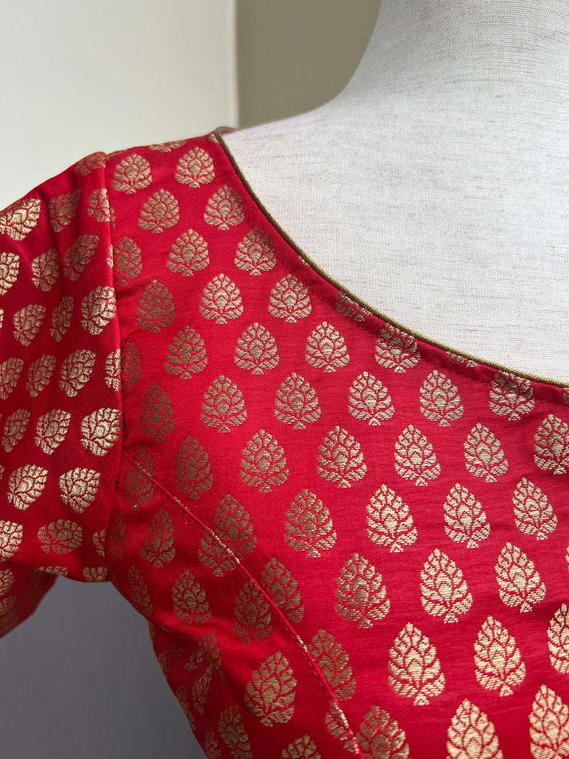 Red Color Readymade Blouse - Pure Banarasi - Readymade Blouses - Red Color Stitched Blouse - Banarasi Blouse - Boat Neck Blouse - Kaash