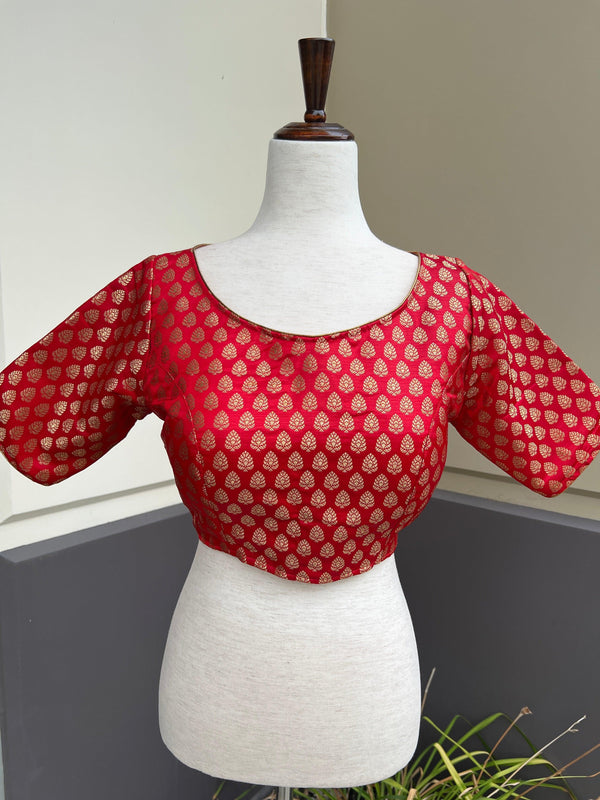 Red Color Readymade Blouse - Pure Banarasi - Readymade Blouses - Red Color Stitched Blouse - Banarasi Blouse - Boat Neck Blouse - Kaash