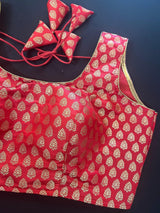 Red Pure Banarasi Sleeveless ready-to-wear blouse with gold buttis sleeveless — Kaash Collection