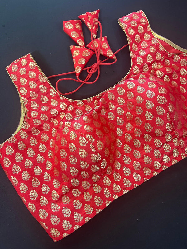 Red Color Readymade Blouse with small Gold Buttis in Pure Banarasi - Readymade Blouses - Red Color Stitched Blouse - Banarasi Blouse - Kaash