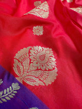 Red & Blue Banarasi saree in banarasi soft silk with small & big buttis with purple border — Kaash Collection