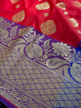 Red & Blue Banarasi saree in banarasi soft silk with small & big buttis with purple border — Kaash Collection