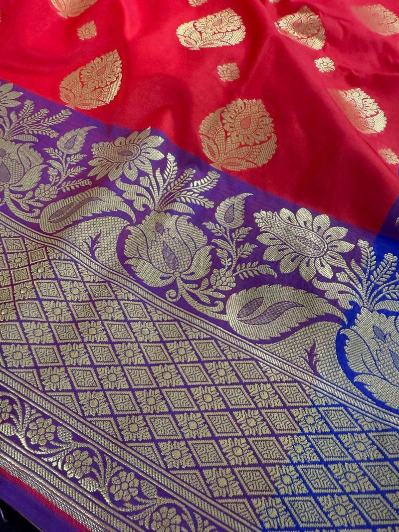 Red & Blue Banarasi saree in banarasi soft silk with small & big buttis with purple border — Kaash Collection