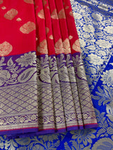 Red & Blue Banarasi saree in banarasi soft silk with small & big buttis with purple border — Kaash Collection