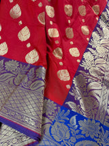 Red & Blue Banarasi saree in banarasi soft silk with small & big buttis with purple border — Kaash Collection