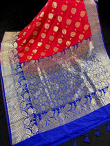 Red & Blue Banarasi saree in banarasi soft silk with small & big buttis with purple border — Kaash Collection