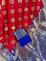 Red & Blue Banarasi saree in banarasi soft silk with small & big buttis with purple border — Kaash Collection