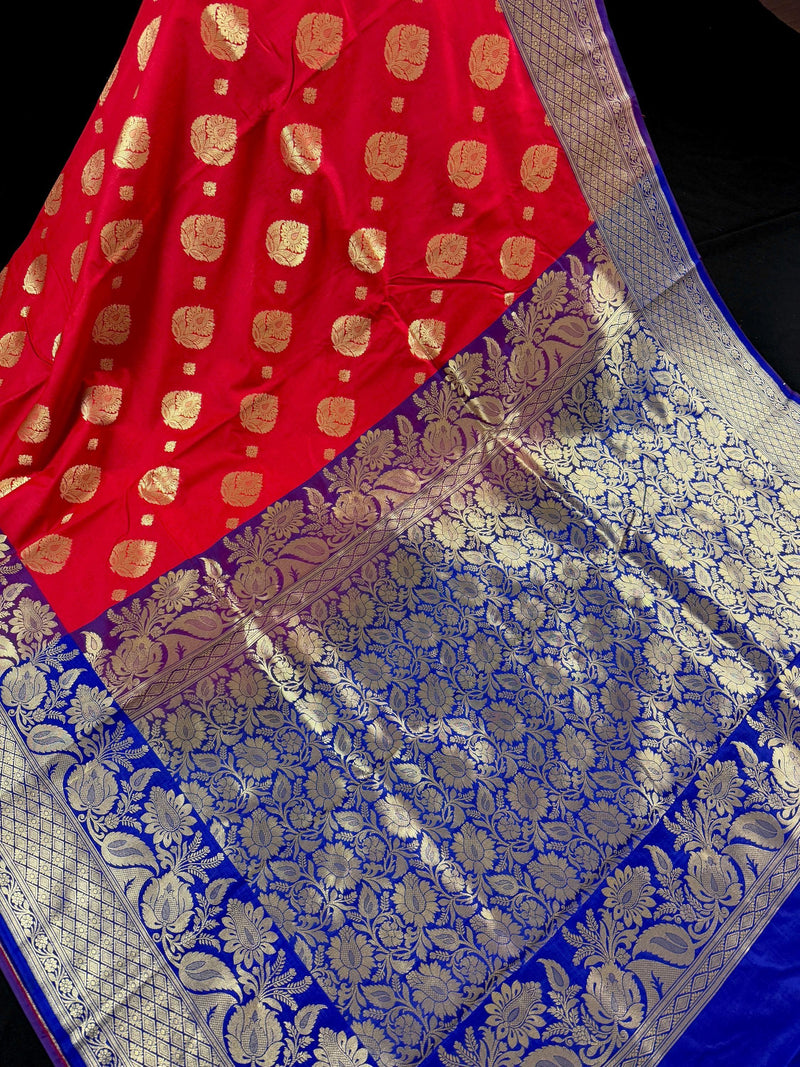 Red Color Saree - Traditional Banarasi Handloom Saree in Red abd Blue Color - Soft Silk Sarees - Kaash