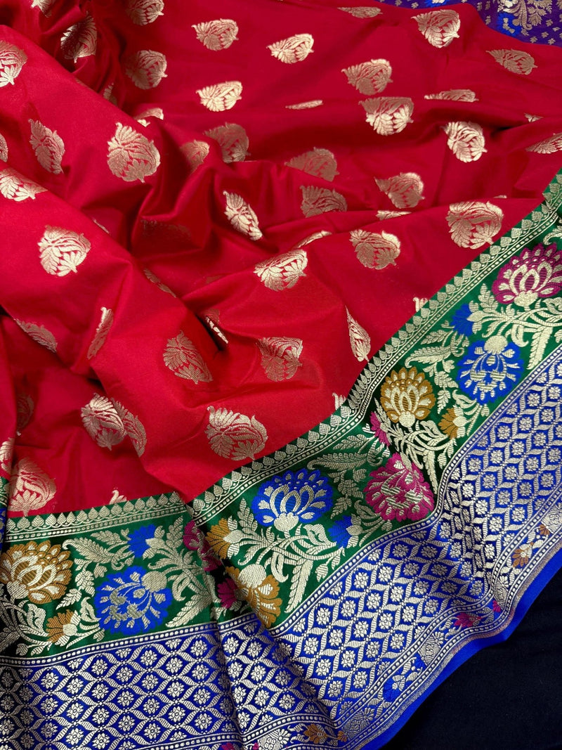 Red Banarasi with Green & Blue Border (9") saree in banarasi silk with meenakari border (9-inch wide) — Kaash Collection