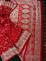 Red Banarasi saree in banarasi semi pure mashru with muted gold zari with banarasi border & pallu — Kaash Collection
