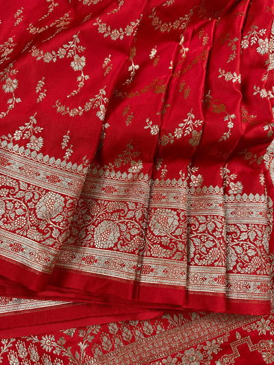 Red Banarasi saree in banarasi semi pure mashru with muted gold zari with banarasi border & pallu — Kaash Collection