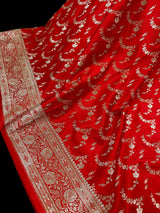 Red Banarasi saree in banarasi semi pure mashru with muted gold zari with banarasi border & pallu — Kaash Collection