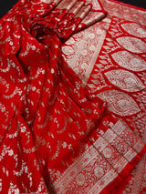 Red Banarasi saree in banarasi semi pure mashru with muted gold zari with banarasi border & pallu — Kaash Collection