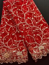 Red soft net dupatta with heavy embroidery, pearl & zari — Kaash Collection