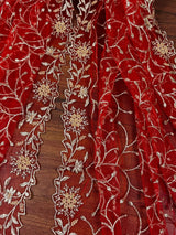 Red soft net dupatta with heavy embroidery, pearl & zari — Kaash Collection