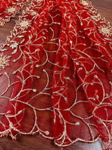 Red soft net dupatta with heavy embroidery, pearl & zari — Kaash Collection