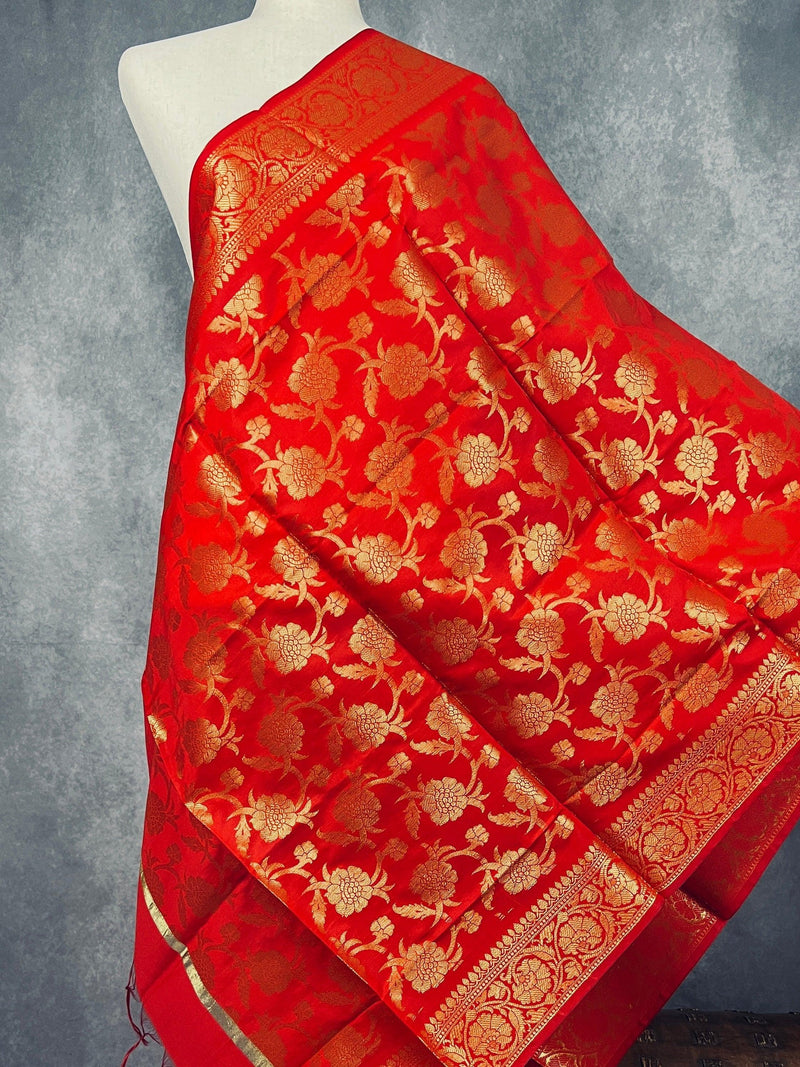 Red Color Soft Silk floral Banarasi Dupatta with Gold Zari Weaving | Handmade Dupattas | Banarasi Soft Silk Dupattas | Dupatta for Lehenga - Kaash