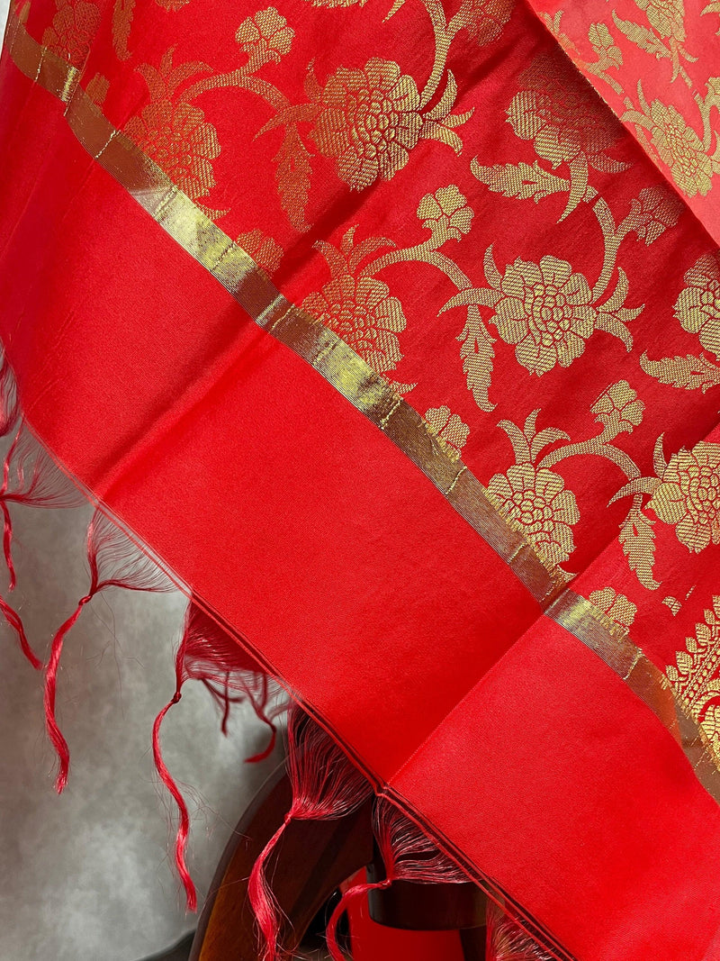 Red Color Soft Silk floral Banarasi Dupatta with Gold Zari Weaving | Handmade Dupattas | Banarasi Soft Silk Dupattas | Dupatta for Lehenga - Kaash
