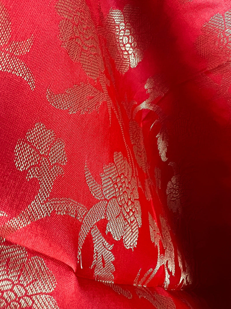 Red Color Soft Silk floral Banarasi Dupatta with Gold Zari Weaving | Handmade Dupattas | Banarasi Soft Silk Dupattas | Dupatta for Lehenga - Kaash