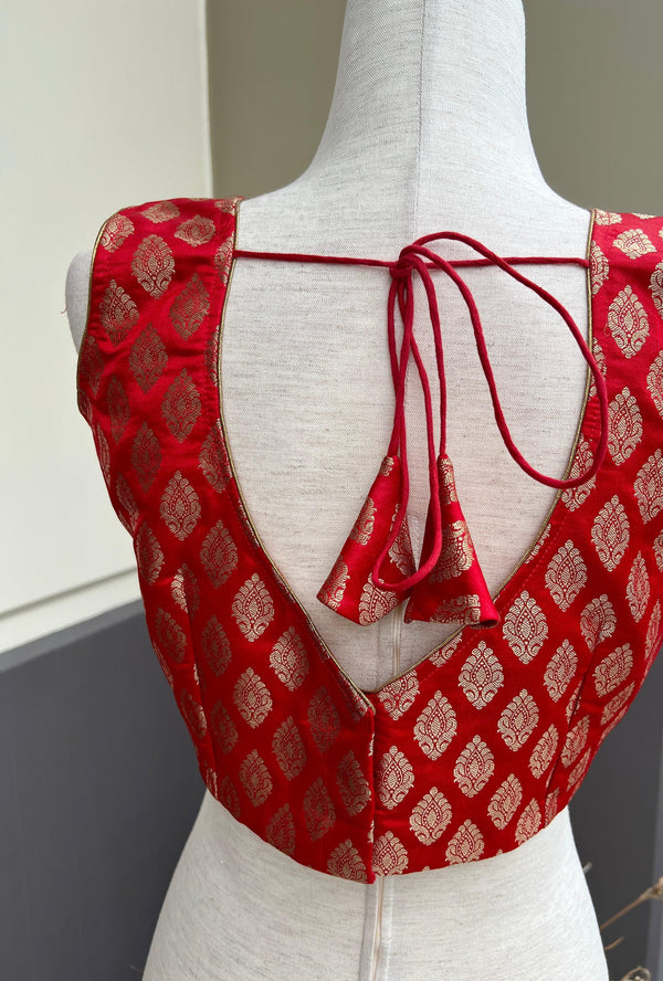 Red Color Stitched Blouse with Gold Buttis in Pure Banarasi | Readymade Blouse | Red Color Stitched Blouse | Ready to Wear Banarasi Blouse - Kaash