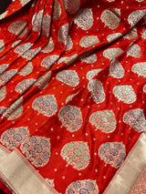 Red Tanchoi Banarasi saree in banarasi silk with banarasi tanchoi handweaving — Kaash Collection