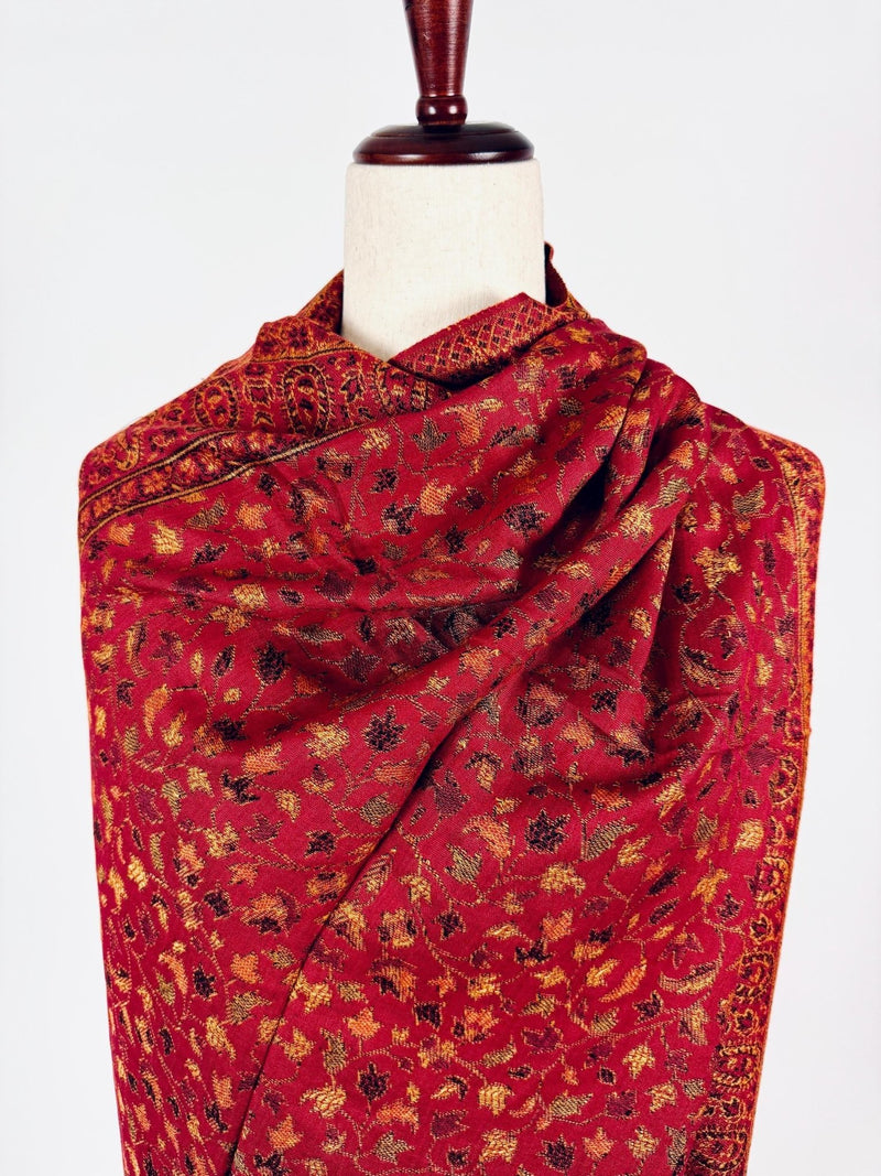 Red viscose blend wool Kashmiri shawl with chinar leaves pattern — Kaash Collection