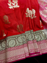 Red Handloom Banarasi Silk Saree with Pink border and Pallu with Floral Buttas - Kaash