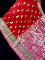 Red Handloom Banarasi Silk Saree with Pink border and Pallu with Floral Buttas - Kaash