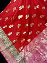 Red Handloom Banarasi Silk Saree with Pink border and Pallu with Floral Buttas - Kaash