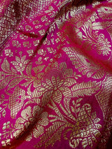 Red Handloom Banarasi Silk Saree with Pink border and Pallu with Floral Buttas - Kaash