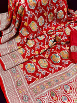 Red pure georgette silk saree with water zari with hand-brush paint — Kaash Collection