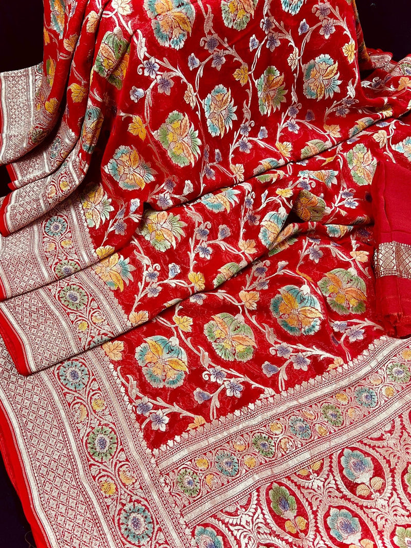 Red pure georgette silk saree with water zari with hand-brush paint — Kaash Collection