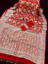 Red pure georgette silk saree with water zari with hand-brush paint — Kaash Collection