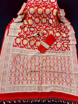 Red pure georgette silk saree with water zari with hand-brush paint — Kaash Collection