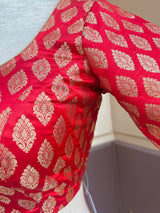 Red Readymade Blouse with Gold Buttis in Pure Banarasi Silk - Kaash