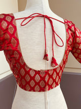 Red Readymade Blouse with Gold Buttis in Pure Banarasi Silk - Kaash
