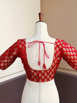 Red Readymade Blouse with Gold Buttis in Pure Banarasi Silk - Kaash