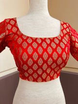 Red Readymade Blouse with Gold Buttis in Pure Banarasi Silk - Kaash