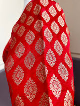 Red Readymade Blouse with Gold Buttis in Pure Banarasi Silk - Kaash