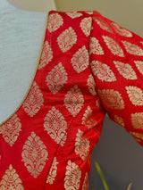 Red Readymade Blouse with Gold Buttis in Pure Banarasi Silk - Kaash