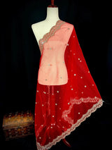 Red Soft Net with Mirrors dupatta in soft net with silver zari with artificial mirrors — Kaash Collection