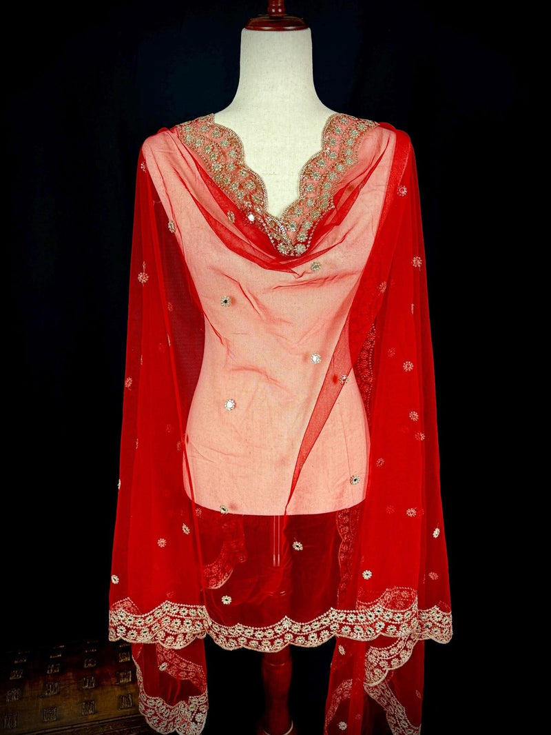 Red Soft Net with Mirrors dupatta in soft net with silver zari with artificial mirrors — Kaash Collection