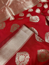 Red Traditional Banarasi Handloom Saree in Banarasi Silk with Gold Zari Weaving - Gold Zari Buttas - Grand Pallu - Kaash