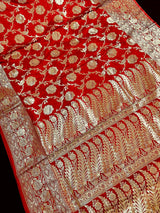Red Traditional Banarasi Silk Saree with Gold Zari Weave - Kaash
