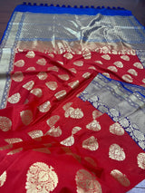 Red with Purple & Blue Pallu Banarasi saree in banarasi silk with muted gold buttas with 7.5" purple border — Kaash Collection