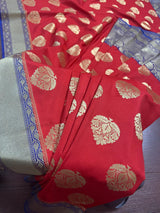 Red with Purple & Blue Pallu Banarasi saree in banarasi silk with muted gold buttas with 7.5" purple border — Kaash Collection