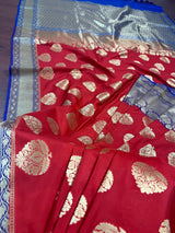 Red with Purple & Blue Pallu Banarasi saree in banarasi silk with muted gold buttas with 7.5" purple border — Kaash Collection