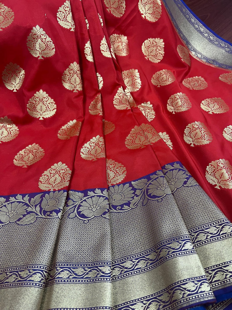 Red with Purple & Blue Pallu Banarasi saree in banarasi silk with muted gold buttas with 7.5" purple border — Kaash Collection