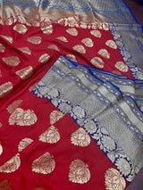Red with Purple & Blue Pallu Banarasi saree in banarasi silk with muted gold buttas with 7.5" purple border — Kaash Collection