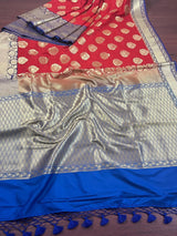 Red with Purple & Blue Pallu Banarasi saree in banarasi silk with muted gold buttas with 7.5" purple border — Kaash Collection